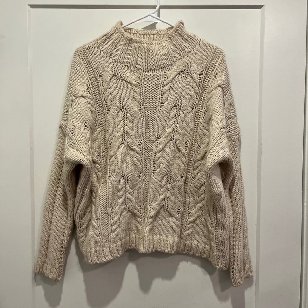 Skovhuus Cream Cable Knit Mock Neck Sweater Womens Medium Beige Chunky Pullover